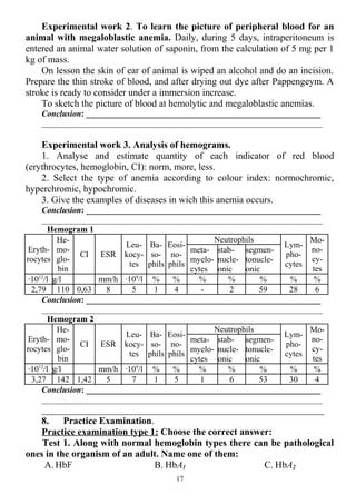Experimental work 2. To learn the picture of peripheral blood for an
animal with megaloblastic anemia. Daily, during 5 days, intraperitoneum is
entered an animal water solution of saponin, from the calculation of 5 mg per 1
kg of mass.
On lesson the skin of ear of animal is wiped an alcohol and do an incision.
Prepare the thin stroke of blood, and after drying out dye after Pappengeym. A
stroke is ready to consider under a immersion increase.
To sketch the picture of blood at hemolytic and megaloblastic anemias.
Conclusion: ________________________________________________________
___________________________________________________________________
Experimental work 3. Analysis of hemograms.
1. Analyse and estimate quantity of each indicator of red blood
(erythrocytes, hemoglobin, CI): norm, more, less.
2. Select the type of anemia according to colour index: normochromic,
hyperchromic, hypochromic.
3. Give the examples of diseases in wich this anemia occurs.
Conclusion: ________________________________________________________
___________________________________________________________________
Hemogram 1
Eryth-
rocytes
He-
mo-
glo-
bin
CI ESR
Leu-
kocy-
tes
Ba-
so-
phils
Eosi-
no-
phils
Neutrophils
Lym-
pho-
cytes
Mo-
no-
cy-
tes
meta-
myelо-
cytes
stab-
nucle-
onic
segmen-
tonucle-
onic
·1012
/l g/l mm/h ·109
/l % % % % % % %
2,79 110 0,63 8 5 1 4 - 2 59 28 6
Conclusion: ________________________________________________________
___________________________________________________________________
Hemogram 2
Eryth-
rocytes
He-
mo-
glo-
bin
CI ESR
Leu-
kocy-
tes
Ba-
so-
phils
Eosi-
no-
phils
Neutrophils
Lym-
pho-
cytes
Mo-
no-
cy-
tes
meta-
myelо-
cytes
stab-
nucle-
onic
segmen-
tonucle-
onic
·1012
/l g/l mm/h ·109
/l % % % % % % %
3,27 142 1,42 5 7 1 5 1 6 53 30 4
Conclusion: ________________________________________________________
___________________________________________________________________
___________________________________________________________
8. Practice Examination.
Practice examination type 1: Choose the correct answer:
Test 1. Along with normal hemoglobin types there can be pathological
ones in the organism of an adult. Name one of them:
A. HbF B. HbA1 C. HbA2
17
 