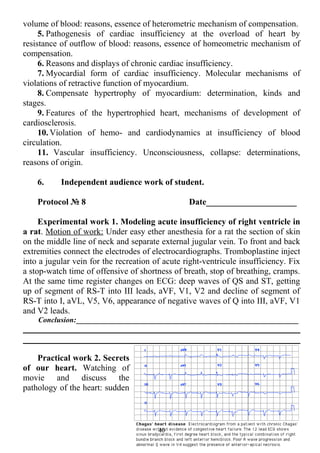 volume of blood: reasons, essence of heterometric mechanism of compensation.
5. Pathogenesis of cardiac insufficiency at the overload of heart by
resistance of outflow of blood: reasons, essence of homeometric mechanism of
compensation.
6. Reasons and displays of chronic cardiac insufficiency.
7. Myocardial form of cardiac insufficiency. Molecular mechanisms of
violations of retractive function of myocardium.
8. Compensate hypertrophy of myocardium: determination, kinds and
stages.
9. Features of the hypertrophied heart, mechanisms of development of
cardiosclerosis.
10. Violation of hemo- and cardiodynamics at insufficiency of blood
circulation.
11. Vascular insufficiency. Unconsciousness, collapse: determinations,
reasons of origin.
6. Independent audience work of student.
Protocol № 8 Date_____________________
Experimental work 1. Modeling acute insufficiency of right ventricle in
a rat. Motion of work: Under easy ether anesthesia for a rat the section of skin
on the middle line of neck and separate external jugular vein. To front and back
extremities connect the electrodes of electrocardiographs. Tromboplastine inject
into a jugular vein for the recreation of acute right-ventricule insufficiency. Fix
a stop-watch time of offensive of shortness of breath, stop of breathing, cramps.
At the same time register changes on ECG: deep waves of QS and ST, getting
up of segment of RS-T into III leads, aVF, V1, V2 and decline of segment of
RS-T into I, aVL, V5, V6, appearance of negative waves of Q into III, aVF, V1
and V2 leads.
Conclusion:___________________________________________________________
Practical work 2. Secrets
of our heart. Watching of
movie and discuss the
pathology of the heart: sudden
40
 