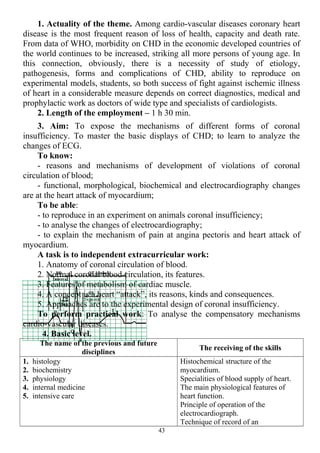 1. Actuality of the theme. Among cardio-vascular diseases coronary heart
disease is the most frequent reason of loss of health, capacity and death rate.
From data of WHO, morbidity on CHD in the economic developed countries of
the world continues to be increased, striking all more persons of young age. In
this connection, obviously, there is a necessity of study of etiology,
pathogenesis, forms and complications of CHD, ability to reproduce on
experimental models, students, so both success of fight against ischemic illness
of heart in a considerable measure depends on correct diagnostics, medical and
prophylactic work as doctors of wide type and specialists of cardiologists.
2. Length of the employment – 1 h 30 min.
3. Aim: To expose the mechanisms of different forms of coronal
insufficiency. To master the basic displays of CHD; to learn to analyze the
changes of ECG.
To know:
- reasons and mechanisms of development of violations of coronal
circulation of blood;
- functional, morphological, biochemical and electrocardiography changes
are at the heart attack of myocardium;
To be able:
- to reproduce in an experiment on animals coronal insufficiency;
- to analyse the changes of electrocardiography;
- to explain the mechanism of pain at angina pectoris and heart attack of
myocardium.
A task is to independent extracurricular work:
1. Anatomy of coronal circulation of blood.
2. Normal coronal blood circulation, its features.
3. Features of metabolism of cardiac muscle.
4. A concept is a heart “attack”, its reasons, kinds and consequences.
5. Approaches are to the experimental design of coronal insufficiency.
To perform practical work: To analyse the compensatory mechanisms
cardio-vascular diseases.
4. Basic level.
The name of the previous and future
disciplines
The receiving of the skills
1. histology
2. biochemistry
3. physiology
4. internal medicine
5. intensive care
Histochemical structure of the
myocardium.
Specialities of blood supply of heart.
The main physiological features of
heart function.
Principle of operation of the
electrocardiograph.
Technique of record of an
43
 