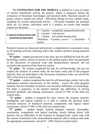 The ESTIMATION FOR THE MODULE is defined as a sum of marks
of current educational activity (in points), which is proposed during the
evaluation of theoretical knowledges and practical skills. Maximal amount of
points, which a student can collect - 200 points during of every module study,
including for current educational activity – 120 points (together the practical
skills are 115 points, individual work is 5 points), on results final module
control are 80 points.
Control of theoretical and
practical preparation
0 – 2 points – completely prepared homework;
0 – 2 points – oral answer;
0 – 1 points – test control during class.
Minimum – 0 points; positive – 3; maximum – 5
points
Practical lessons are structured and provide a comprehensive assessment scores
in all learning activities (learning tasks) that students perform during practical
classes:
"0" points – student just present in the class, but not fulfilled the task for self-
knowledge control, refuses to answer in the polling (quiz), does not participate
in the discussion of practical work and demonstration material, did not
answerfor the question of the final test control.
"2" point – the student completed the task for self-knowledge, but can not
explain the solution of control tasks, do not know main part of the program
material, does not participate in the discussion of practical tasks, not solved the
50% of the final test control tasks.
"3" points – student completed the task for self-knowledge control, but in the
explanation assumes inaccuracies; in the polling – knows the main program
material, but not remember its details; uses incorrect definitions or terminology,
but make a sequences in the learned material; has difficulties in solving
practical problems and making conclusions, solved 51-70% of the final test
control tasks.
"4" points – student is prepared for class, knows the program material,
intelligently and logical explains it, is able to explain the practical tasks,
correctly analyzes of displayed material, competently and logical makes
conclusions, solved 71-90% of the final test control tasks.
"5" points – student deeply learned program material, thoroughly,
consistently, competently and logical teaching, closely linking theory with
practice, has no difficulties in the response to changed tasks, easily cope with
the reasons of practical work, demonstration material, able to analyze and make
the appropriate conclusions, solved 91 - 100% final test control tasks.
6
 