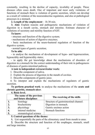constantly, resulting in the decline of capacity, invalidity of people. These
diseases often cases death. One of important and most early violations of
functions of stomach there is violation of gastric secretion, which can develop
as a result of violation of the neuroendocrine regulation, and also at pathological
processes in a stomach.
2. Length of the employment – 1h 30 min.
3. Aim: Explain reasons and pathogenetic mechanisms of violation of
digestion in a mouth cavity, stomach and intestine. Estimate character of
violations of secretory and motility function of GIT.
To know:
- structure and function of the digestive system;
- mechanisms of action of digestive enzymes;
- basic mechanisms of the neuro-humoral regulation of function of the
digestive system;
- normal types of gastric secretion;
To be able:
- to analyse the mechanism of development of hypo- and hypersecretion,
hypoacidity and hyperacidity states;
- to apply the got knowledge about the mechanisms of disorders of
digestion in a stomach for the correct understanding of their role in pathogenesis
of diseases of gastro-intestinal pathway.
A task to independent extracurricular work:
1. Describe component of saliva.
2. Explain the process of digestion in the mouth of cavities.
3. Describe components of gastric juice.
4. To interpret and explain the mechanisms of regulators of gastric
secretion.
To perform practical work: to analyse the mechanisms of the acute and
chronic gastritis, stomach ulcer.
4. Basic level.
The name of the previous
and future disciplines
The receiving of the skills
1. histology
2. biochemistry
3. physiology
4. internal medicine
5. stomatological science
Structure of gastrointestinal сhannel.
Digestion in stomach.
Gastric enzimes action
Stomach functions
5. Control questions of the theme:
1. List sequentially the parts of the alimentary canal from mouth to anus.
2. Describe the structure and function of the esophagus, stomach, small
and large intestine.
65
 