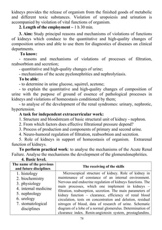 kidneys provides the release of organism from the finished goods of metabolic
and different toxic substances. Violation of uropoiesis and urination is
accompanied by violation of vital functions of organism.
2. Length of the employment – 1 h 30 min.
3. Aim: Study principal reasons and mechanisms of violations of functions
of kidneys which conduce to the quantitative and high-quality changes of
composition urines and able to use them for diagnostics of diseases on clinical
departments.
To know:
- reasons and mechanisms of violations of processes of filtration,
reabsorbtion and secretion;
- quantitative and high-quality changes of urine;
- mechanisms of the acute pyelonephrities and nephrolytiasis.
To be able:
- to determine in urine glucose, squirrel, acetone;
- to explain the quantitative and high-quality changes of composition of
urine with the purpose of ground of essence of pathological processes in
kidneys and violations of homeostasis conditioned by them;
- to analyse of the development of the renal syndromes: urinary, nephrotic,
hypertension.
A task for independent extracurricular work:
1. Structure and bloodstream of basic structural unit of kidney - nephron.
2. From which factors does effective filtrational pressure depend?
3. Process of production and components of primary and second urine.
4. Neuro-humoral regulation of filtration, reabsorbtion and secretion.
5. Role of kidneys in support of homeostasis of organism. Extrarenal
function of kidneys.
To perform practical work: to analyse the mechanisms of the Acute Renal
Failure. Analyse the mechanisms the development of the glomerulonephrities.
4. Basic level.
The name of the previous
and future disciplines
The receiving of the skills
1. histology
2. biochemistry
3. physiology
4. internal medicine
5. nephrology
6. urology
7. stomatological
disciplines
Microscopical structure of kidney. Role of kidney in
maintenance of constance of an internal environment.
Nervous and endocrine regulation of kidneys functions. The
main processes, which one implement in kidneys –
filtration, reabsorption, secretion. The main parameters of
kidney function – clearance, efficiency of renal blood
circulation, tests on concentration and delution, residual
nitrogen of blood, data of research of urine. Schematic
diagram of a lobe of a normal glomerulus. Determination of
clearance index. Renin-angiotesin system, prostaglandins.
78
 