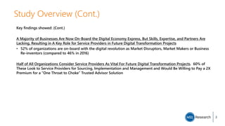 Study Overview (Cont.)
Key findings showed: (Cont.)
A Majority of Businesses Are Now On-Board the Digital Economy Express, But Skills, Expertise, and Partners Are
Lacking, Resulting in A Key Role for Service Providers in Future Digital Transformation Projects
• 52% of organizations are on-board with the digital revolution as Market Disruptors, Market Makers or Business
Re-inventors (compared to 46% in 2016)
Half of All Organizations Consider Service Providers As Vital For Future Digital Transformation Projects. 60% of
These Look to Service Providers for Sourcing, Implementation and Management and Would Be Willing to Pay a 2X
Premium for a “One Throat to Choke” Trusted Advisor Solution
3
 