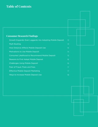 8 | 2017 Mobile Deposit Benchmark Report
Consumer Research Findings
Growth Expands: Even Laggards Are Adopting Mobile Deposit
Myth Busting
How Distance Affects Mobile Deposit Use
Motivations to Use Mobile Deposit
Consumer Likelihood to Recommend Mobile Deposit
Reasons to First Adopt Mobile Deposit
Challenges Using Mobile Deposit
Fear of Fraud, Flubs and Fees
Effective Mobile Deposit Marketing
Ways to Increase Mobile Deposit Use
Table of Contents
13
13
14
14
15
16
16
17
17
18
 