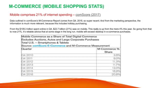 M-COMMERCE (MOBILE SHOPPING STATS)
Shopping cart software abandonment
rates are 78% on mobile (versus 63% on
desktop) – Ba...