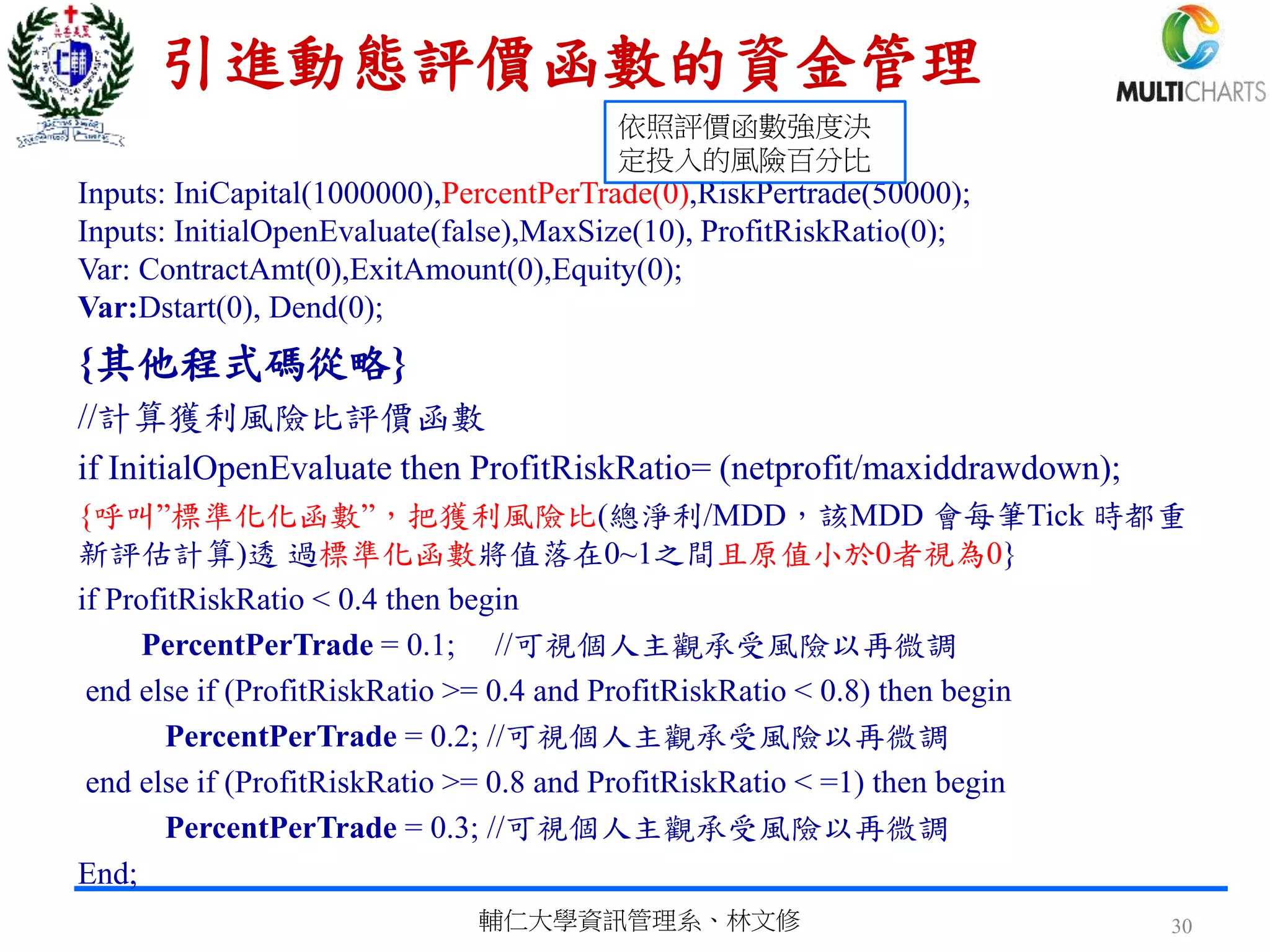 引進動態評價函數的資金管理
Inputs: IniCapital(1000000),PercentPerTrade(0),RiskPertrade(50000);
Inputs: InitialOpenEvaluate(false),MaxSize(10), ProfitRiskRatio(0);
Var: ContractAmt(0),ExitAmount(0),Equity(0);
Var:Dstart(0), Dend(0);
{其他程式碼從略}
//計算獲利風險比評價函數
if InitialOpenEvaluate then ProfitRiskRatio= (netprofit/maxiddrawdown);
{呼叫”標準化化函數”，把獲利風險比(總淨利/MDD，該MDD 會每筆Tick 時都重
新評估計算)透 過標準化函數將值落在0~1之間且原值小於0者視為0}
if ProfitRiskRatio < 0.4 then begin
PercentPerTrade = 0.1; //可視個人主觀承受風險以再微調
end else if (ProfitRiskRatio >= 0.4 and ProfitRiskRatio < 0.8) then begin
PercentPerTrade = 0.2; //可視個人主觀承受風險以再微調
end else if (ProfitRiskRatio >= 0.8 and ProfitRiskRatio < =1) then begin
PercentPerTrade = 0.3; //可視個人主觀承受風險以再微調
End;
輔仁大學資訊管理系、林文修 30
依照評價函數強度決
定投入的風險百分比
 
