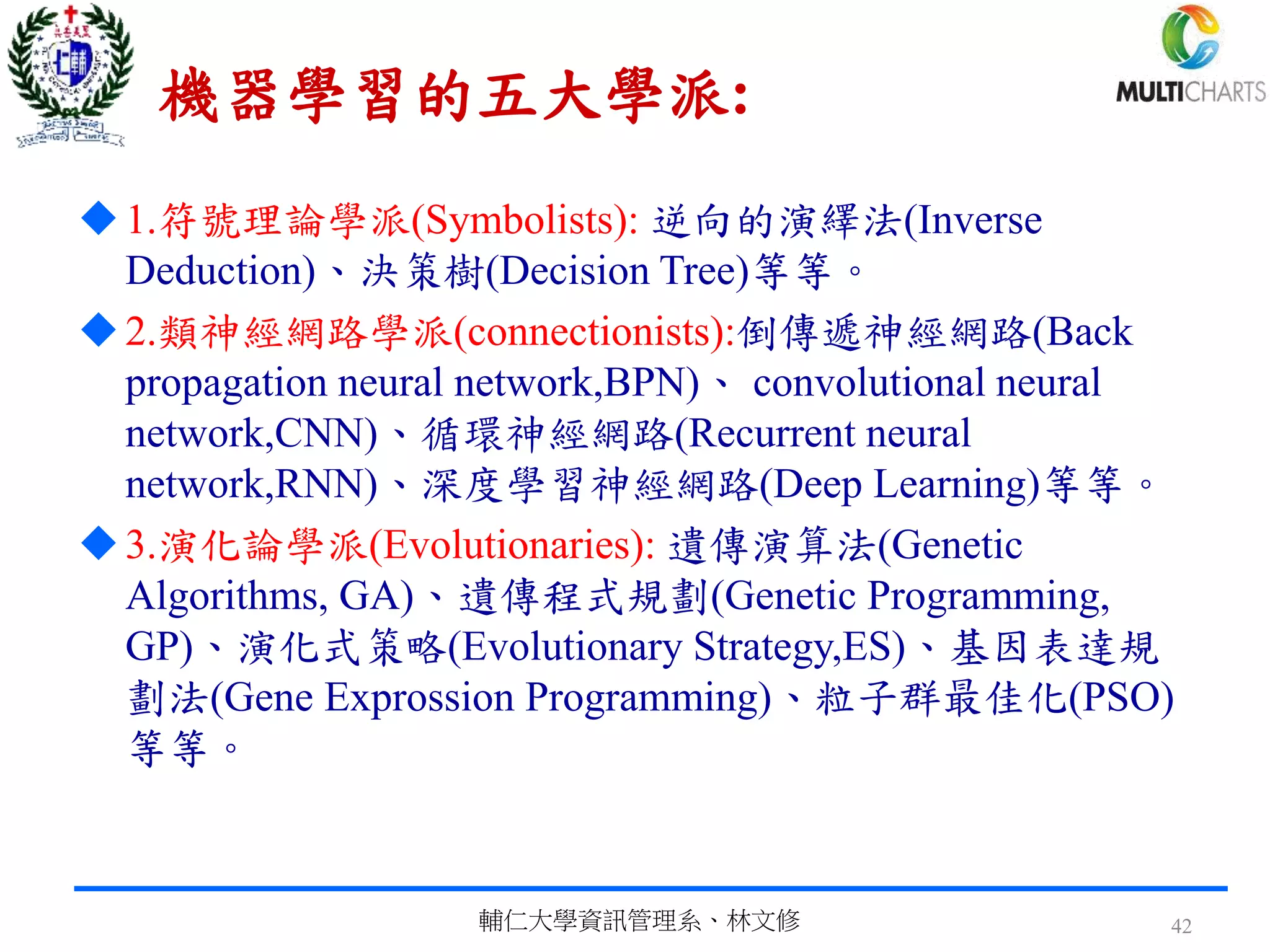 機器學習的五大學派:
1.符號理論學派(Symbolists): 逆向的演繹法(Inverse
Deduction)、決策樹(Decision Tree)等等。
2.類神經網路學派(connectionists):倒傳遞神經網路(Back
propagation neural network,BPN)、 convolutional neural
network,CNN)、循環神經網路(Recurrent neural
network,RNN)、深度學習神經網路(Deep Learning)等等。
3.演化論學派(Evolutionaries): 遺傳演算法(Genetic
Algorithms, GA)、遺傳程式規劃(Genetic Programming,
GP)、演化式策略(Evolutionary Strategy,ES)、基因表達規
劃法(Gene Exprossion Programming)、粒子群最佳化(PSO)
等等。
輔仁大學資訊管理系、林文修 42
 