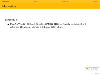 Motivation Model Calibration Results
Motivation
Longevity ⇑
Pay-As-You-Go Deﬁned Beneﬁts (PAYG DB) ⇒ ﬁscally unstable if n...