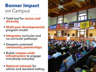 • Yield tool for access and
diversity
• Multi-year developmental,
program model
• Integrates curricular and
co-curricular pathways
• Deepens sustained
community partnerships
• Builds campus-wide
infrastructure to engage
everybody everyday
• National network for
advise and standard setting
Bonner Impact
on Campus
 