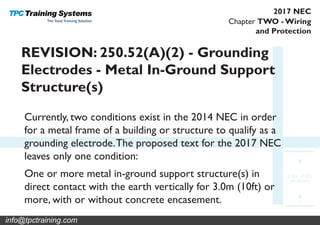 Chapter TWO - Wiring
and Protection
2017 NEC
3.0m (10ft)
or more
REVISION: 250.52(A)(2) - Grounding
Electrodes - Metal In-Ground Support
Structure(s)
Currently, two conditions exist in the 2014 NEC in order
for a metal frame of a building or structure to qualify as a
grounding electrode.The proposed text for the 2017 NEC
leaves only one condition:
One or more metal in-ground support structure(s) in
direct contact with the earth vertically for 3.0m (10ft) or
more, with or without concrete encasement.
info@tpctraining.com
 