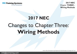 Changes to Chapter Three:
Wiring Methods
2017 NEC
Source: http://iaeimagazine.org/magazine/2015/04/30/analysis-of-changes-2017-nec/
Chapter THREE -
Wiring Methods
2017 NEC
info@tpctraining.com
 