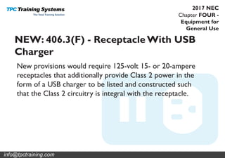 Chapter FOUR -
Equipment for
General Use
2017 NEC
NEW: 406.3(F) - Receptacle With USB
Charger
New provisions would require 125-volt 15- or 20-ampere
receptacles that additionally provide Class 2 power in the
form of a USB charger to be listed and constructed such
that the Class 2 circuitry is integral with the receptacle.
info@tpctraining.com
 
