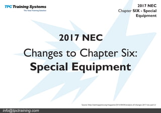 Source: http://iaeimagazine.org/magazine/2015/09/04/analysis-of-changes-2017-nec-part-2/
Changes to Chapter Six:
Special Equipment
2017 NEC
Chapter SIX - Special
Equipment
2017 NEC
info@tpctraining.com
 