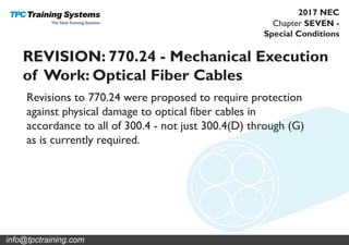 Chapter SEVEN -
Special Conditions
2017 NEC
REVISION: 770.24 - Mechanical Execution
of Work: Optical Fiber Cables
Revisions to 770.24 were proposed to require protection
against physical damage to optical fiber cables in
accordance to all of 300.4 - not just 300.4(D) through (G)
as is currently required.
info@tpctraining.com
 
