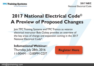 2017 National Electrical Code©
A Preview of Proposed Changes
Join TPC Training Systems and TPC Trainco as veteran
electrical instructor Bob Clukey provides an overview of
the key areas of change and expansion coming in the 2017
National Electrical Code©
.
Infomational Webinar:
Thursday, July 28th, 2016
11:00AM - 12:00PM CDT
Register Here
National Electrical Code
2017 NEC
info@tpctraining.com
 