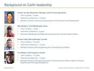 Newmont Mining Corporation I Nevada Site Tour I Slide 23September 2017
Background on Carlin leadership
Clinton Van Der Westhuizen, Manager, Carlin Process Operations
• Time in position – 2 years
• Total tenure at Newmont – 7.5 years
• Bachelor of Science, Chemical Engineering from the University of the Witwatersrand
Mike McGlynn, Chief Metallurgist, Carlin
• Time in position – 3 years
• Total tenure at Newmont – 6 years
• Bachelor of Metallurgical and Materials Engineering from Colorado School of Mines
Graden Colby, Mining Manager, Leeville
• Time in position – 3 months
• Total tenure at Newmont – 11 years
• Bachelor of Science, Mine Engineering from Colorado School of Mines
Tim Webber, Chief Engineer, Leeville
• Time in position – 1.5 years
• Total tenure at Newmont – 13 years
• Bachelor of Science, Mining Engineering from Colorado School of Mines; Master of Science,
Engineering & Technology Management
 