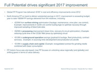 Newmont Mining Corporation I Nevada Site Tour I Slide 8September 2017
Full Potential drives significant 2017 improvement
• Global FP Program has delivered >$1B3 in cost and efficiency improvements since 2012
• North America FP on track to deliver substantial savings in 2017; improvement is exceeding budget;
year to date >$85M FP savings delivered from 94 initiatives, including:
− >$35M from surface mining optimization (haulage, maintenance, mine plan, ore control).
Example: improvements in Carlin ore control routing logic to optimize recovery through
improved sampling of blast-hole data
− >$25M in processing improvement (down time, recovery & circuit optimization). Example:
reducing cycle time in the CC&V filter press by optimizing circuit
− >$10M in underground operation savings (payload & haulage, fleet productivity, contract
services). Example: in-sourcing mine development and production at Leeville
− ~$10M in supply chain and capital. Example: renegotiated contract for grinding media
combined with lower consumption
• FP historic focus was site-based; now FP focuses on unlocking value regionally (and globally) and
shifting gears in terms of value delivery
 