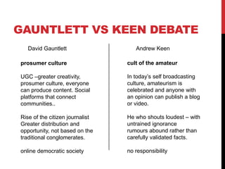 GAUNTLETT VS KEEN DEBATE
David Gauntlett Andrew Keen
prosumer culture
UGC –greater creativity,
prosumer culture, everyone
can produce content. Social
platforms that connect
communities..
Rise of the citizen journalist
Greater distribution and
opportunity, not based on the
traditional conglomerates.
online democratic society
cult of the amateur
In today’s self broadcasting
culture, amateurism is
celebrated and anyone with
an opinion can publish a blog
or video.
He who shouts loudest – with
untrained ignorance
rumours abound rather than
carefully validated facts.
no responsibility
 