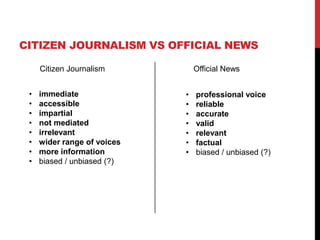 CITIZEN JOURNALISM VS OFFICIAL NEWS
Citizen Journalism Official News
• immediate
• accessible
• impartial
• not mediated
• irrelevant
• wider range of voices
• more information
• biased / unbiased (?)
• professional voice
• reliable
• accurate
• valid
• relevant
• factual
• biased / unbiased (?)
 
