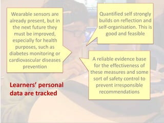 Learners’ personal
data are tracked
Wearable sensors are
already present, but in
the next future they
must be improved,
especially for health
purposes, such as
diabetes monitoring or
cardiovascular diseases
prevention
Quantified self strongly
builds on reflection and
self-organisation. This is
good and feasible
A reliable evidence base
for the effectiveness of
these measures and some
sort of safety control to
prevent irresponsible
recommendations
 