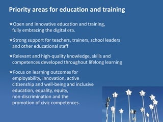 Priority areas for education and training
3
Open and innovative education and training,
fully embracing the digital era.
Strong support for teachers, trainers, school leaders
and other educational staff
Relevant and high-quality knowledge, skills and
competences developed throughout lifelong learning
Focus on learning outcomes for
employability, innovation, active
citizenship and well-being and inclusive
education, equality, equity,
non-discrimination and the
promotion of civic competences.
 