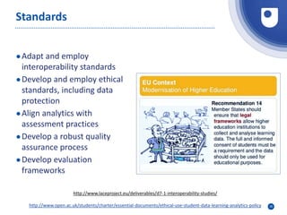 30
Standards
●Adapt and employ
interoperability standards
●Develop and employ ethical
standards, including data
protection
●Align analytics with
assessment practices
●Develop a robust quality
assurance process
●Develop evaluation
frameworks
http://www.laceproject.eu/deliverables/d7-1-interoperability-studies/
http://www.open.ac.uk/students/charter/essential-documents/ethical-use-student-data-learning-analytics-policy
 