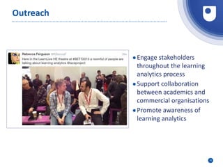 32
Outreach
●Engage stakeholders
throughout the learning
analytics process
●Support collaboration
between academics and
commercial organisations
●Promote awareness of
learning analytics
 