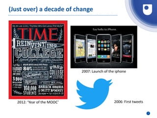 7
(Just over) a decade of change
2012: ‘Year of the MOOC’
2007: Launch of the iphone
2006: First tweets
 