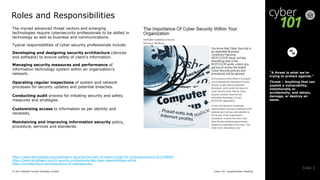 Cyber 101: Supplementary Reading© 2017 Deloitte Touche Tohmatsu Limited
Slide 3
Roles and Responsibilities
The myriad advanced threat vectors and emerging
technologies require cybersecurity professionals to be skilled in
technology as well as business and communications.
Typical responsibilities of cyber security professionals include:
Developing and designing security architecture (devices
and software) to ensure safety of client’s information.
Managing security measures and performance of
information technology system within an organization’s
network.
Operating regular inspections of system and network
processes for security updates and potential breaches.
Conducting audit process for initiating security and safety
measures and strategies.
Customizing access to information as per identity and
necessity.
Maintaining and improving information security policy,
procedure, services and standards.
“A threat is what we’re
trying to protect against.”
Threat – Anything that can
exploit a vulnerability,
intentionally or
accidentally, and obtain,
damage, or destroy an
asset.
https://www.darkreading.com/application-security/the-team-of-teams-model-for-cybersecurity/a/d-id/1329840?
https://www.simplilearn.com/it-security-professionals-key-roles-responsibilities-article
https://monstercloud.com/importance-of-cybersecurity/
 