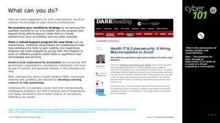 Cyber 101: Supplementary Reading© 2017 Deloitte Touche Tohmatsu Limited
Slide 6
What can you do?
Here are some suggestions on what organisations can do to
address the shortage of cyber security professionals
Re-examine your workforce strategy by recognizing the
qualities required to run a successful security program and
expand hiring efforts beyond career fairs to include
polytechnics, local universities and any other avenues.
Have a robust support program for new hires such as
mentorships, rotational assignments and shadowing to help
new cybersecurity hires to gain visibility and experience.
Keeping new hires engaged by giving them the freedom to
work on different projects allows them to apprehend new
technologies and services.
Build a local cybersecurity ecosystem by connecting with
government organisations, educational institutions and other
groups to explore and generate interest in the cybersecurity
field.
With cybersecurity being a highly dynamic field, continuous
learning and upskilling are required to develop a strong
culture of risk awareness.
Cybersecurity is a complex career field with extraordinarily
challenging problems, but with a diverse pool of experiences
and ideas, we stand a much better chance of successfully
defending our assets.
“Risk is the intersection of
assets, threats, and
vulnerabilities.”
Risk – The potential for
loss, damage or
destruction of an asset as
a result of a threat
exploiting a vulnerability.
https://www.darkreading.com/careers-and-people/health-it-and-cybersecurity-5-hiring-misconceptions-to-avoid/a/d-id/1329932?
https://hbr.org/2017/05/cybersecurity-has-a-serious-talent-shortage-heres-how-to-fix-it
 