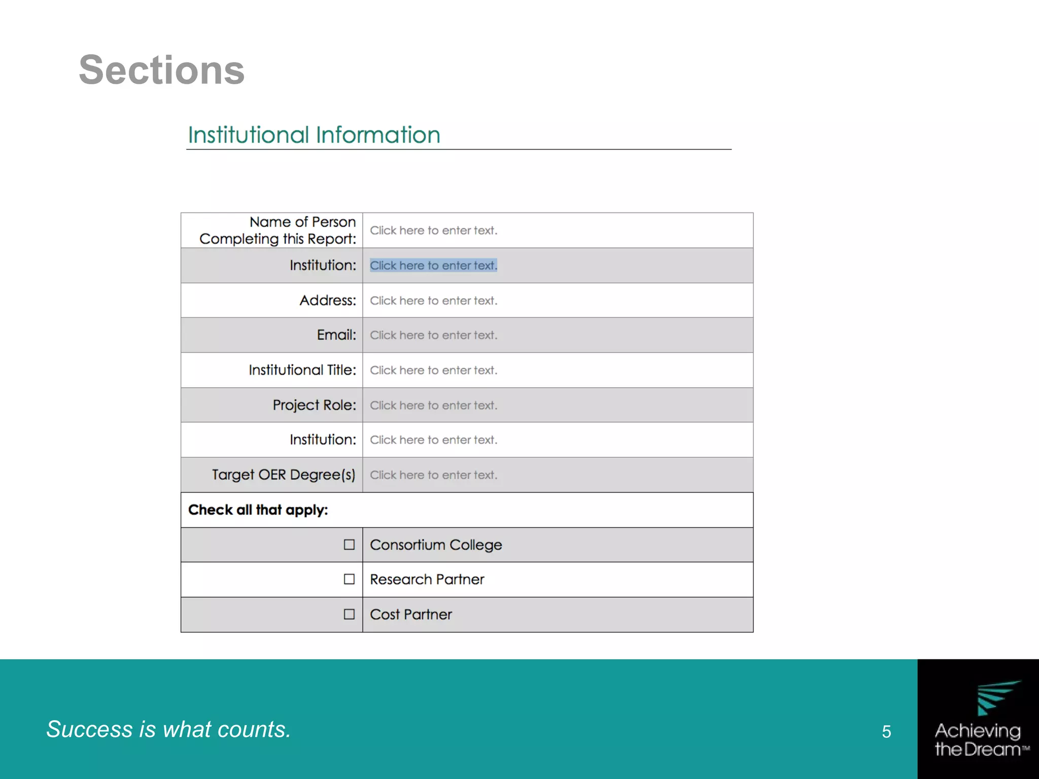 Success is what counts. 5
Sections
 