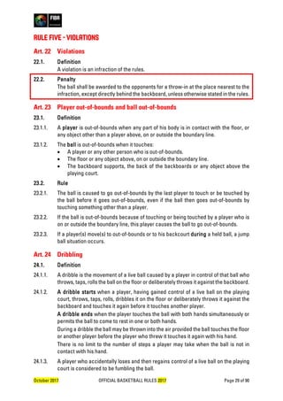 October 2017 OFFICIAL BASKETBALL RULES 2017 Page 29 of 90
RULE FIVE - VIOLATIONS
Art. 22 Violations
22.1. Definition
A violation is an infraction of the rules.
22.2. Penalty
The ball shall be awarded to the opponents for a throw-in at the place nearest to the
infraction, except directly behind the backboard, unless otherwise stated in the rules.
Art. 23 Player out-of-bounds and ball out-of-bounds
23.1. Definition
23.1.1. A player is out-of-bounds when any part of his body is in contact with the floor, or
any object other than a player above, on or outside the boundary line.
23.1.2. The ball is out-of-bounds when it touches:
• A player or any other person who is out-of-bounds.
• The floor or any object above, on or outside the boundary line.
• The backboard supports, the back of the backboards or any object above the
playing court.
23.2. Rule
23.2.1. The ball is caused to go out-of-bounds by the last player to touch or be touched by
the ball before it goes out-of-bounds, even if the ball then goes out-of-bounds by
touching something other than a player.
23.2.2. If the ball is out-of-bounds because of touching or being touched by a player who is
on or outside the boundary line, this player causes the ball to go out-of-bounds.
23.2.3. If a player(s) move(s) to out-of-bounds or to his backcourt during a held ball, a jump
ball situation occurs.
Art. 24 Dribbling
24.1. Definition
24.1.1. A dribble is the movement of a live ball caused by a player in control of that ball who
throws, taps, rolls the ball on the floor or deliberately throws it against the backboard.
24.1.2. A dribble starts when a player, having gained control of a live ball on the playing
court, throws, taps, rolls, dribbles it on the floor or deliberately throws it against the
backboard and touches it again before it touches another player.
A dribble ends when the player touches the ball with both hands simultaneously or
permits the ball to come to rest in one or both hands.
During a dribble the ball may be thrown into the air provided the ball touches the floor
or another player before the player who threw it touches it again with his hand.
There is no limit to the number of steps a player may take when the ball is not in
contact with his hand.
24.1.3. A player who accidentally loses and then regains control of a live ball on the playing
court is considered to be fumbling the ball.
 