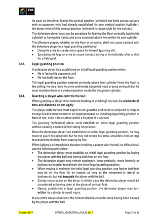 October 2017 OFFICIAL BASKETBALL RULES 2017 Page 37 of 90
As soon as the player leaves his vertical position (cylinder) and body contact occurs
with an opponent who had already established his own vertical position (cylinder),
the player who left his vertical position (cylinder) is responsible for the contact.
The defensive player must not be penalised for leaving the floor vertically (within his
cylinder) or having his hands and arms extended above him within his own cylinder.
The offensive player, whether on the floor or airborne, shall not cause contact with
the defensive player in a legal guarding position by:
• Using his arms to create more space for himself (pushing off).
• Spreading his legs or arms to cause contact during or immediately after a shot
for a field goal.
33.3. Legal guarding position
A defensive player has established an initial legal guarding position when:
• He is facing his opponent, and
• He has both feet on the floor.
The legal guarding position extends vertically above him (cylinder) from the floor to
the ceiling. He may raise his arms and hands above his head or jump vertically but he
must maintain them in a vertical position inside the imaginary cylinder.
33.4. Guarding a player who controls the ball
When guarding a player who controls (holding or dribbling) the ball, the elements of
time and distance do not apply.
The player with the ball must expect to be guarded and must be prepared to stop or
change his direction whenever an opponent takes an initial legal guarding position in
front of him, even if this is done within a fraction of a second.
The guarding (defensive) player must establish an initial legal guarding position
without causing contact before taking his position.
Once the defensive player has established an initial legal guarding position, he may
move to guard his opponent, but he may not extend his arms, shoulders, hips or legs
to prevent the dribbler from passing by him.
When judging a charge/block situation involving a player with the ball, an official shall
use the following principles:
• The defensive player must establish an initial legal guarding position by facing
the player with the ball and having both feet on the floor.
• The defensive player may remain stationary, jump vertically, move laterally or
backwards in order to maintain the initial legal guarding position.
• When moving to maintain the initial legal guarding position, one foot or both feet
may be off the floor for an instant, as long as the movement is lateral or
backwards, but not towards the player with the ball.
• Contact must occur on the torso, in which case the defensive player would be
considered as having been at the place of contact first.
• Having established a legal guarding position the defensive player may turn
within his cylinder to avoid injury.
In any of the above situations, the contact shall be considered as having been caused
by the player with the ball.
 
