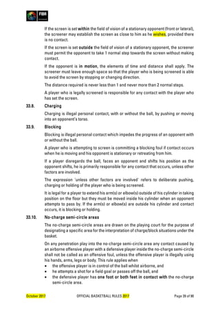 October 2017 OFFICIAL BASKETBALL RULES 2017 Page 39 of 90
If the screen is set within the field of vision of a stationary opponent (front or lateral),
the screener may establish the screen as close to him as he wishes, provided there
is no contact.
If the screen is set outside the field of vision of a stationary opponent, the screener
must permit the opponent to take 1 normal step towards the screen without making
contact.
If the opponent is in motion, the elements of time and distance shall apply. The
screener must leave enough space so that the player who is being screened is able
to avoid the screen by stopping or changing direction.
The distance required is never less than 1 and never more than 2 normal steps.
A player who is legally screened is responsible for any contact with the player who
has set the screen.
33.8. Charging
Charging is illegal personal contact, with or without the ball, by pushing or moving
into an opponent’s torso.
33.9. Blocking
Blocking is illegal personal contact which impedes the progress of an opponent with
or without the ball.
A player who is attempting to screen is committing a blocking foul if contact occurs
when he is moving and his opponent is stationary or retreating from him.
If a player disregards the ball, faces an opponent and shifts his position as the
opponent shifts, he is primarily responsible for any contact that occurs, unless other
factors are involved.
The expression 'unless other factors are involved' refers to deliberate pushing,
charging or holding of the player who is being screened.
It is legal for a player to extend his arm(s) or elbow(s) outside of his cylinder in taking
position on the floor but they must be moved inside his cylinder when an opponent
attempts to pass by. If the arm(s) or elbow(s) are outside his cylinder and contact
occurs, it is blocking or holding.
33.10. No-charge semi-circle areas
The no-charge semi-circle areas are drawn on the playing court for the purpose of
designating a specific area for the interpretation of charge/block situations under the
basket.
On any penetration play into the no-charge semi-circle area any contact caused by
an airborne offensive player with a defensive player inside the no-charge semi-circle
shall not be called as an offensive foul, unless the offensive player is illegally using
his hands, arms, legs or body. This rule applies when
• the offensive player is in control of the ball whilst airborne, and
• he attempts a shot for a field goal or passes off the ball, and
• the defensive player has one foot or both feet in contact with the no-charge
semi-circle area.
 
