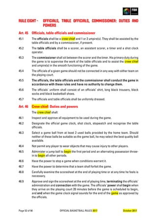 Page 52 of 90 OFFICIAL BASKETBALL RULES 2017 October 2017
RULE EIGHT - OFFICIALS, TABLE OFFICIALS, COMMISSIONER: DUTIES AND
POWERS
Art. 45 Officials, table officials and commissioner
45.1 The officials shall be a crew chief and 1 or 2 umpire(s). They shall be assisted by the
table officials and by a commissioner, if present.
45.2 The table officials shall be a scorer, an assistant scorer, a timer and a shot clock
operator.
45.3 The commissioner shall sit between the scorer and the timer. His primary duty during
the game is to supervise the work of the table officials and to assist the crew chief
and umpire(s) in the smooth functioning of the game.
45.4 The officials of a given game should not be connected in any way with either team on
the playing court.
45.5 The officials, the table officials and the commissioner shall conduct the game in
accordance with these rules and have no authority to change them.
45.6 The officials' uniform shall consist of an officials’ shirt, long black trousers, black
socks and black basketball shoes.
45.7 The officials and table officials shall be uniformly dressed.
Art. 46 Crew chief: Duties and powers
The crew chief shall:
46.1 Inspect and approve all equipment to be used during the game.
46.2 Designate the official game clock, shot clock, stopwatch and recognise the table
officials.
46.3 Select a game ball from at least 2 used balls provided by the home team. Should
neither of these balls be suitable as the game ball, he may select the best quality ball
available.
46.4 Not permit any player to wear objects that may cause injury to other players.
46.5 Administer a jump ball to begin the first period and an alternating possession throw-
in to begin all other periods.
46.6 Have the power to stop a game when conditions warrant it.
46.7 Have the power to determine that a team shall forfeit the game.
46.8 Carefully examine the scoresheet at the end of playing time or at any time he feels is
necessary.
46.9 Approve and sign the scoresheet at the end of playing time, terminating the officials'
administration and connection with the game. The officials' power shall begin when
they arrive on the playing court 20 minutes before the game is scheduled to begin,
and end when the game clock signal sounds for the end of the game as approved by
the officials.
 