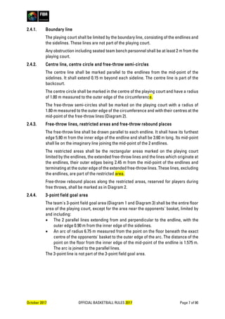October 2017 OFFICIAL BASKETBALL RULES 2017 Page 7 of 90
2.4.1. Boundary line
The playing court shall be limited by the boundary line, consisting of the endlines and
the sidelines. These lines are not part of the playing court.
Any obstruction including seated team bench personnel shall be at least 2 m from the
playing court.
2.4.2. Centre line, centre circle and free-throw semi-circles
The centre line shall be marked parallel to the endlines from the mid-point of the
sidelines. It shall extend 0.15 m beyond each sideline. The centre line is part of the
backcourt.
The centre circle shall be marked in the centre of the playing court and have a radius
of 1.80 m measured to the outer edge of the circumference.
The free-throw semi-circles shall be marked on the playing court with a radius of
1.80 m measured to the outer edge of the circumference and with their centres at the
mid-point of the free-throw lines (Diagram 2).
2.4.3. Free-throw lines, restricted areas and free-throw rebound places
The free-throw line shall be drawn parallel to each endline. It shall have its furthest
edge 5.80 m from the inner edge of the endline and shall be 3.60 m long. Its mid-point
shall lie on the imaginary line joining the mid-point of the 2 endlines.
The restricted areas shall be the rectangular areas marked on the playing court
limited by the endlines, the extended free-throw lines and the lines which originate at
the endlines, their outer edges being 2.45 m from the mid-point of the endlines and
terminating at the outer edge of the extended free-throw lines. These lines, excluding
the endlines, are part of the restricted area.
Free-throw rebound places along the restricted areas, reserved for players during
free throws, shall be marked as in Diagram 2.
2.4.4. 3-point field goal area
The team's 3-point field goal area (Diagram 1 and Diagram 3) shall be the entire floor
area of the playing court, except for the area near the opponents' basket, limited by
and including:
• The 2 parallel lines extending from and perpendicular to the endline, with the
outer edge 0.90 m from the inner edge of the sidelines.
• An arc of radius 6.75 m measured from the point on the floor beneath the exact
centre of the opponents' basket to the outer edge of the arc. The distance of the
point on the floor from the inner edge of the mid-point of the endline is 1.575 m.
The arc is joined to the parallel lines.
The 3-point line is not part of the 3-point field goal area.
 