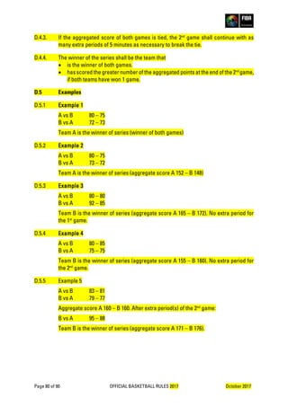 Page 80 of 90 OFFICIAL BASKETBALL RULES 2017 October 2017
D.4.3. If the aggregated score of both games is tied, the 2nd
game shall continue with as
many extra periods of 5 minutes as necessary to break the tie.
D.4.4. The winner of the series shall be the team that
• is the winner of both games.
• has scored the greater number of the aggregated points at the end of the 2nd
game,
if both teams have won 1 game.
D.5 Examples
D.5.1 Example 1
A vs B 80 – 75
B vs A 72 – 73
Team A is the winner of series (winner of both games)
D.5.2 Example 2
A vs B 80 – 75
B vs A 73 – 72
Team A is the winner of series (aggregate score A 152 – B 148)
D.5.3 Example 3
A vs B 80 – 80
B vs A 92 – 85
Team B is the winner of series (aggregate score A 165 – B 172). No extra period for
the 1st
game.
D.5.4 Example 4
A vs B 80 – 85
B vs A 75 – 75
Team B is the winner of series (aggregate score A 155 – B 160). No extra period for
the 2nd
game.
D.5.5 Example 5
A vs B 83 – 81
B vs A 79 – 77
Aggregate score A 160 – B 160. After extra period(s) of the 2nd
game:
B vs A 95 – 88
Team B is the winner of series (aggregate score A 171 – B 176).
 