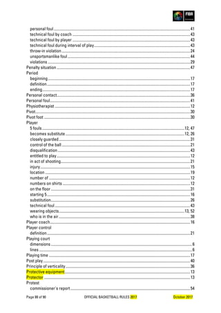 Page 88 of 90 OFFICIAL BASKETBALL RULES 2017 October 2017
personal foul...........................................................................................................................................41
technical foul by coach ........................................................................................................................43
technical foul by player ........................................................................................................................43
technical foul during interval of play..................................................................................................43
throw-in violation...................................................................................................................................24
unsportsmanlike foul.............................................................................................................................44
violations .................................................................................................................................................29
Penalty situation ........................................................................................................................................47
Period
beginning.................................................................................................................................................17
definition..................................................................................................................................................17
ending.......................................................................................................................................................17
Personal contact........................................................................................................................................36
Personal foul...............................................................................................................................................41
Physiotherapist ..........................................................................................................................................12
Pivot..............................................................................................................................................................30
Pivot foot .....................................................................................................................................................30
Player
5 fouls.................................................................................................................................................12, 47
becomes substitute .........................................................................................................................12, 26
closely guarded......................................................................................................................................31
control of the ball...................................................................................................................................21
disqualification.......................................................................................................................................43
entitled to play........................................................................................................................................12
in act of shooting....................................................................................................................................21
injury.........................................................................................................................................................15
location ....................................................................................................................................................19
number of ................................................................................................................................................12
numbers on shirts ..................................................................................................................................12
on the floor..............................................................................................................................................31
starting 5..................................................................................................................................................16
substitution..............................................................................................................................................26
technical foul..........................................................................................................................................43
wearing objects................................................................................................................................13, 52
who is in the air......................................................................................................................................38
Player coach...............................................................................................................................................16
Player control
definition..................................................................................................................................................21
Playing court
dimensions ................................................................................................................................................6
lines ............................................................................................................................................................6
Playing time ................................................................................................................................................17
Post play......................................................................................................................................................40
Principle of verticality...............................................................................................................................36
Protective equipment................................................................................................................................13
Protector .....................................................................................................................................................13
Protest
commissioner's report..........................................................................................................................54
 