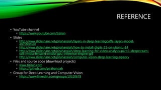 REFERENCE
• YouTube channel
• https://www.youtube.com/tiziran
• Slides
• http://www.slideshare.net/pirahansiah/layers-in-deep-learningcaffe-layers-model-
architecture
• http://www.slideshare.net/pirahansiah/how-to-install-digits-51-on-ubuntu-14
• http://www.slideshare.net/pirahansiah/deep-learning-for-video-analysis-part-1-deepstream-
sdk-nvidia-tensorrt-nvidia-gpu-inference-engine-gie
• http://www.slideshare.net/pirahansiah/computer-vision-deep-learning-opencv
• Files and source code (download projects)
• www.tiziran.com
• https://github.com/pirahansiah
• Group for Deep Learning and Computer Vision
• https://www.linkedin.com/groups/10320678
 