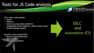 Tools for JS Code analysis
SCA, static code analysis:
• Heavy
• Difficult
• Lower accuracy (false positives)
• Adaptability (false negatives…needs custom rules)
• Broad language support
Dynamic code analysis/IAST:
• Requires instrumentation
• More accurate
• Fuzzing capabilities!
SDLC
and
Automation (CI)
 