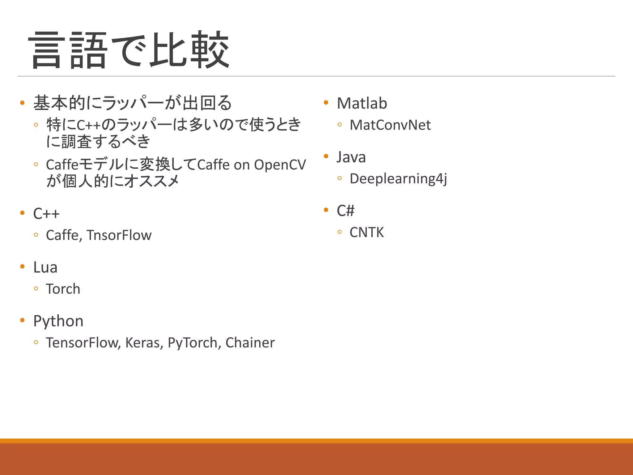 言語で比較
• 基本的にラッパーが出回る
◦ 特にC++のラッパーは多いので使うとき
に調査するべき
◦ Caffeモデルに変換してCaffe on OpenCV
が個人的にオススメ
• C++
◦ Caffe, TnsorFlow
• Lua
◦ Torch
• Python
◦ TensorFlow, Keras, PyTorch, Chainer
• Matlab
◦ MatConvNet
• Java
◦ Deeplearning4j
• C#
◦ CNTK
 