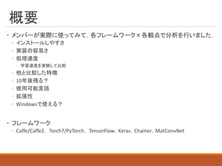 概要
• メンバーが実際に使ってみて，各フレームワーク×各観点で分析を行いました．
◦ インストールしやすさ
◦ 実装の容易さ
◦ 処理速度
◦ 学習速度を実験して比較
◦ 他と比較した特徴
◦ 10年後残る？
◦ 使用可能言語
◦ 拡張性
◦ Windowsで使える？
• フレームワーク
◦ Caffe/Caffe2， Torch7/PyTorch， TensorFlow，Keras，Chainer，MatConｖNet
 