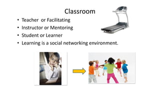 Classroom
• Teacher or Facilitating
• Instructor or Mentoring
• Student or Learner
• Learning is a social networking environment.
 