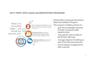 24
2017 FIRST: APXJ SALES ACCREDITATION PROGRAM
-  Zimbra APxJ introduces the Zimbra
Sales Accreditation Program
-  The program enables partners to:
-  gain the knowledge required
to better recognize sales
opportunities
-  map speciﬁc client needs to
the Zimbra offerings
-  manage objection handling as
part of the discovery process
-  ensure deeper engagements
with customer
What is an
Accredited
Sales – and
should you
become one?
What is a Zimbra Accredited Sales? Achieved
through a certification and accreditation program
designed for individuals in a sales role within an
authorized VAR
 