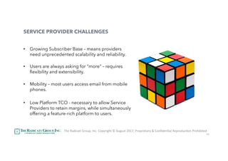 38
SERVICE PROVIDER CHALLENGES
•  Growing Subscriber Base – means providers
need unprecedented scalability and reliability.
•  Users are always asking for “more” – requires
ﬂexibility and extensibility.
•  Mobility – most users access email from mobile
phones.
•  Low Platform TCO - necessary to allow Service
Providers to retain margins, while simultaneously
offering a feature-rich platform to users.
The	RadicaU	Group,	Inc.	Copyright	©	August	2017,	Proprietary	&	ConﬁdenUal	ReproducUon	Prohibited	
 
