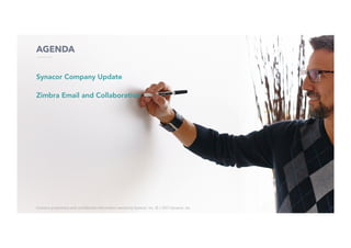55
Synacor Company Update
Zimbra Email and Collaboration
AGENDA
Contains	proprietary	and	conﬁdenUal	informaUon	owned	by	Synacor,	Inc.	©	/	2017	Synacor,	Inc.	
 