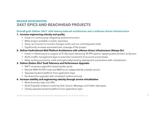 70
RELEASE ACCELERATION
24X7 EPICS AND BEACHHEAD PROJECTS
Overall goal: Deliver 24x7 with latency-tolerant architecture and a software driven infrastructure
1.  Increase engineering velocity and quality
•  Invest in a continuously integrating build environment
•  Make project available in public repository
•  Setup up CI server to monitor changes, build, and run unit/integration tests
•  Signiﬁcantly increase automated test coverage of the project
2.  Deliver Fault-tolerant Mail Platform Architecture with software driven infrastructure (Always On)
•  Invest in infrastructure to support an IT Ops team delivering 99.999 uptime; applying what we learn at Synacor
•  Build a trafﬁc management layer to automate movement of accounts across boxes
•  Wrap existing production code and (optionally) existing deployment automations with orchestration
3.  Deliver Zimbra 24x7 Fault Tolerance and Performance Upgrades
•  RAFT consensus algorithm based worker pools
•  Remote IMAP & POP node and IMAP as an independently scalable service
•  Separate backend platform from application layer
•  No downtime upgrades with virtualized mailbox services
4.  Increase stability and engineering velocity through service virtualization
•  Move business logic into APIs
•  Build GraphQL endpoint covering User, Source, Message, and Folder data types
•  Clearly separate backend platform from application layer
Contains	proprietary	and	conﬁdenUal	informaUon	owned	by	Synacor,	Inc.	©	/	2017	Synacor,	Inc.	
 