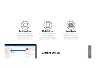 Desktop Sync
Zimbra Drive offers all the
Desktop sync experience
with native Apps for
Windows, Mac and Linux.
Mobile Sync
Zimbra Drive offers all the
Native Apps sync
experience with native
Apps for iOS and Android.
User Quota
Assign quotas per user in
an easier way using
Owncloud/Nextcloud
Administration Panel.
Zimbra DRIVE
 