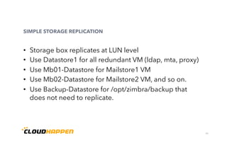 26
SIMPLE STORAGE REPLICATION
•  Storage box replicates at LUN level
•  Use Datastore1 for all redundant VM (ldap, mta, proxy)
•  Use Mb01-Datastore for Mailstore1 VM
•  Use Mb02-Datastore for Mailstore2 VM, and so on.
•  Use Backup-Datastore for /opt/zimbra/backup that
does not need to replicate.
 
