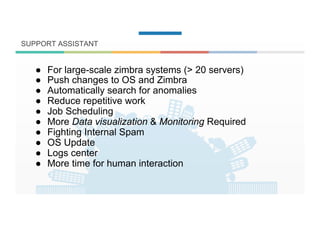 ●  For large-scale zimbra systems (> 20 servers)
●  Push changes to OS and Zimbra
●  Automatically search for anomalies
●  Reduce repetitive work
●  Job Scheduling
●  More Data visualization & Monitoring Required
●  Fighting Internal Spam
●  OS Update
●  Logs center
●  More time for human interaction
SUPPORT ASSISTANT
 